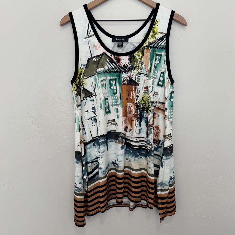 NWT Karen Kane Scenic Print Tank Top XL European Watercolor Coastal Summer Chic